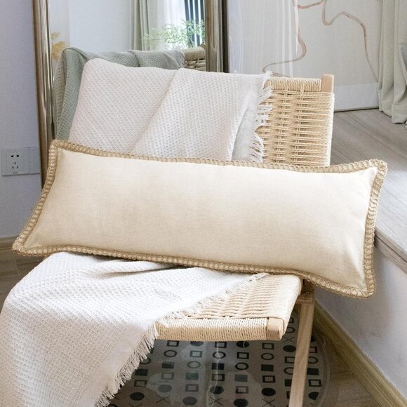 Burlap Linen Farmhouse Lumbar Pillow Cover 14 x 36 inch, Trimmed Tailored Edges - Picture 6 of 7